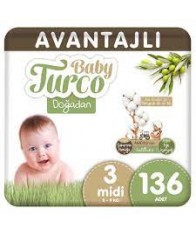 Baby Turco Doğadan Avantajlı Bebek Bezi 3 Numara Midi 136 Adet