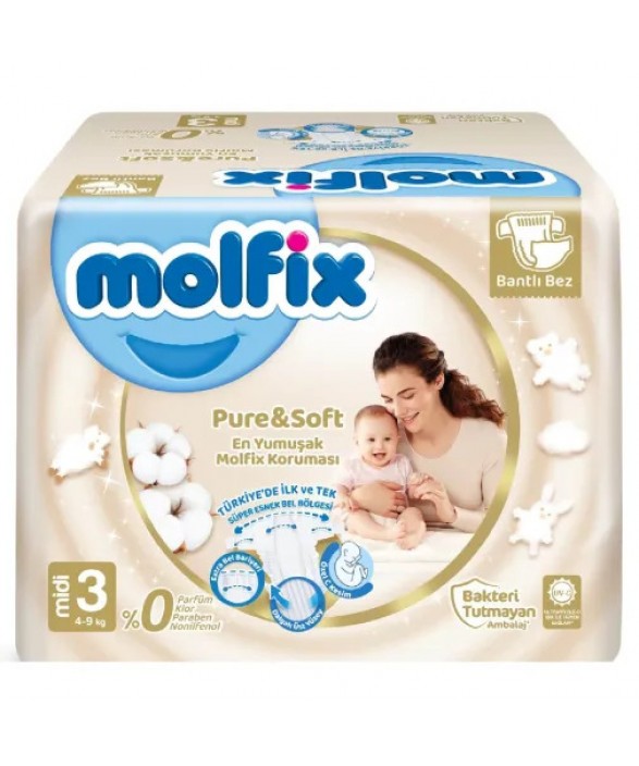 Molfix Pure&Soft Bebek Bezi 3 Beden Midi 4-9 Kg 64Lü Süper Fırsat Paketi