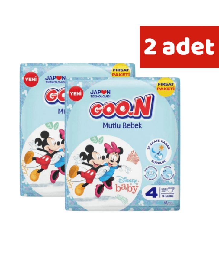 Goon Mutlu Bebek Bebek Bezi 4 Beden 9 ve 14 Kg 100 Lü Aylık Fırsat Paket 